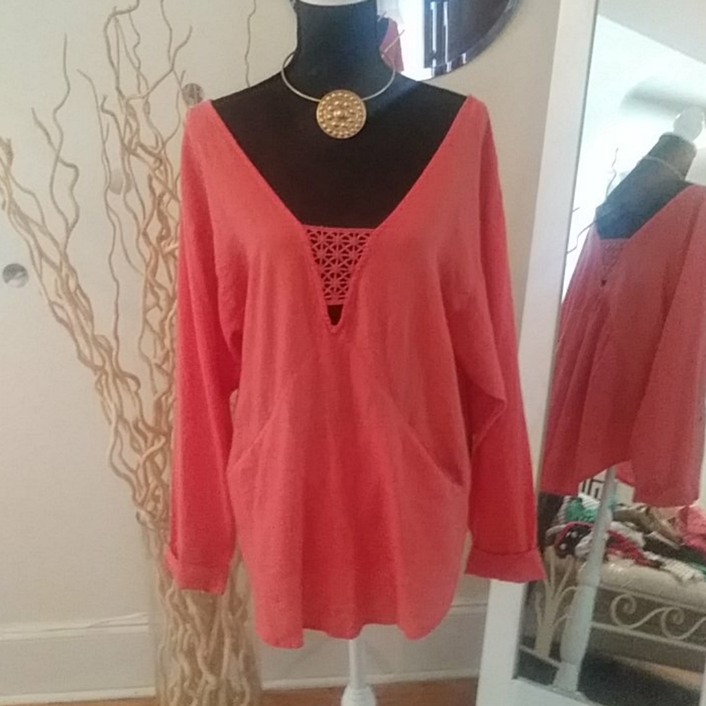 NWT FREE PEOPLE LINEN BLEND TOP SZ M SALMON COLOR